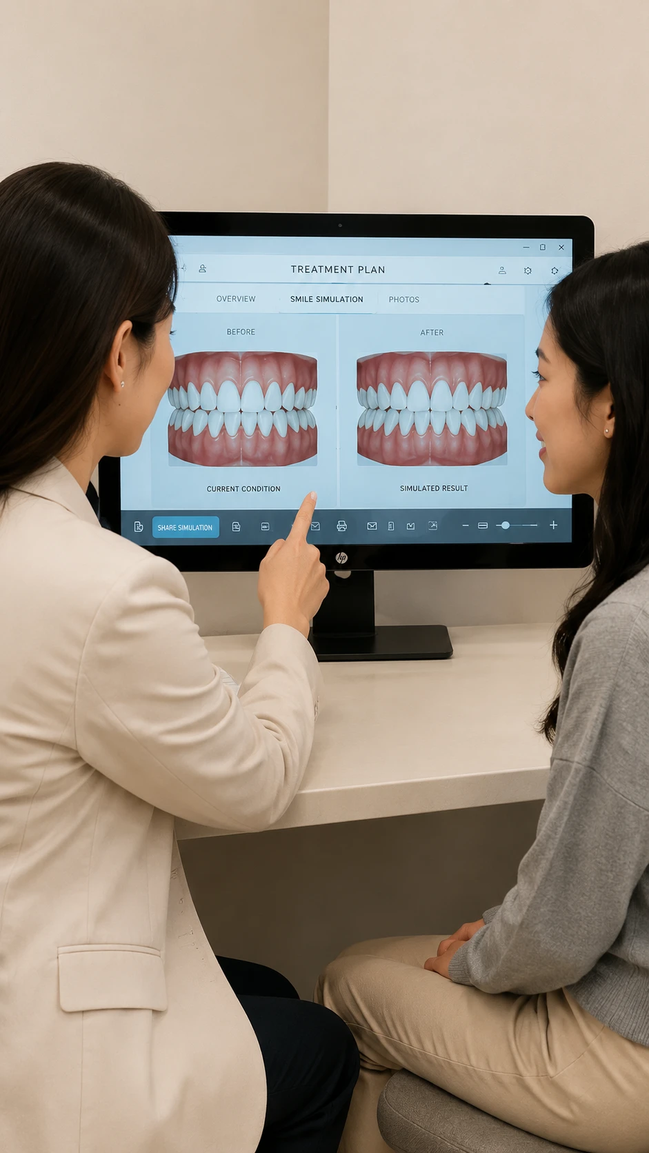 Smile simulation and treatment plan shown on screen
