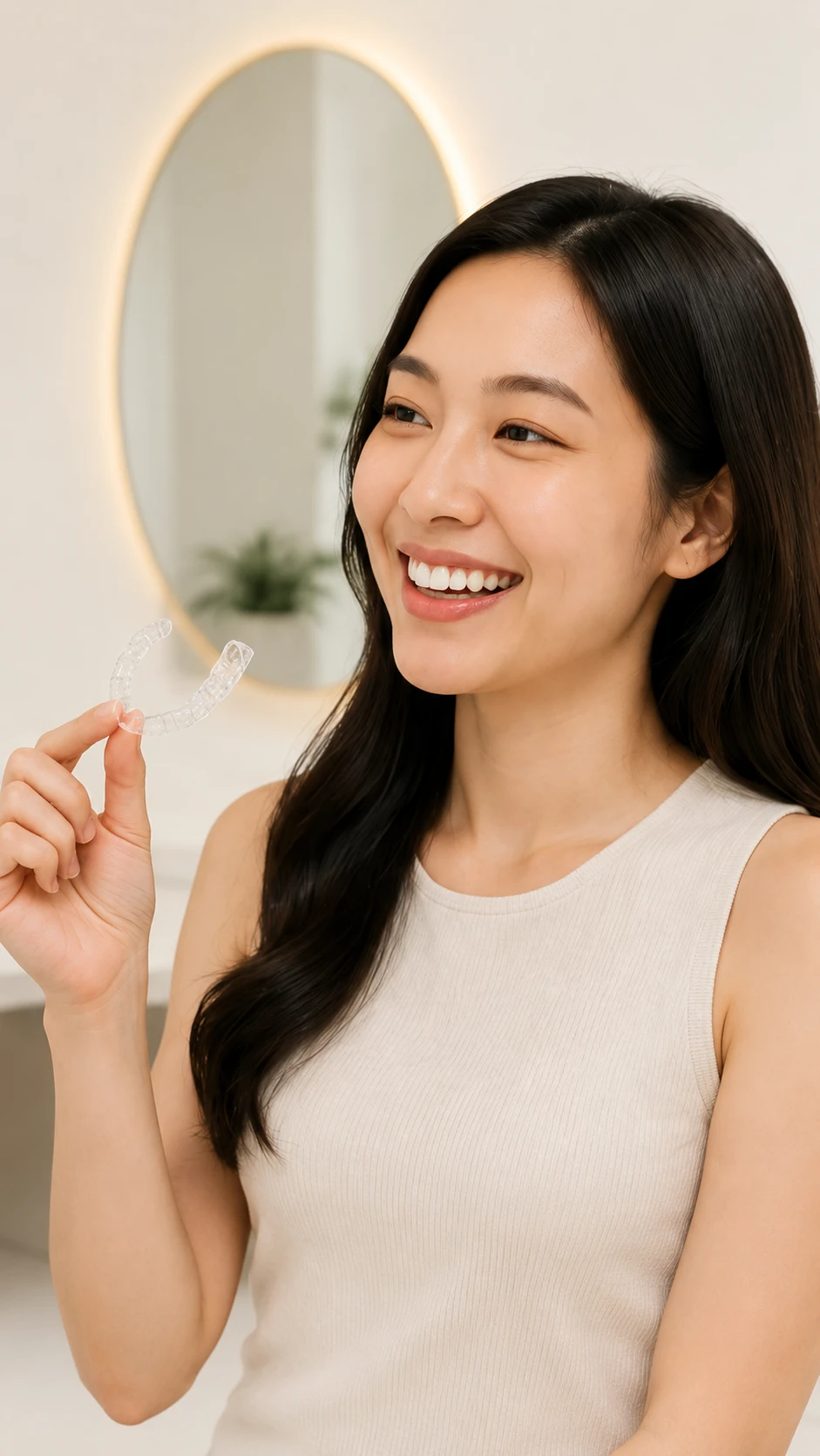 Patient smiling while holding a clear aligner